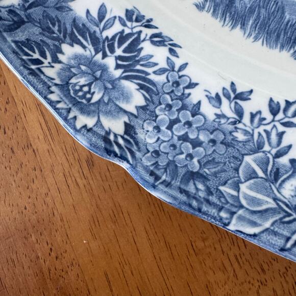 English Village Olde Staffordshire Blue Transferware Oval Serving Platter 10x12" - Picture 9 of 12